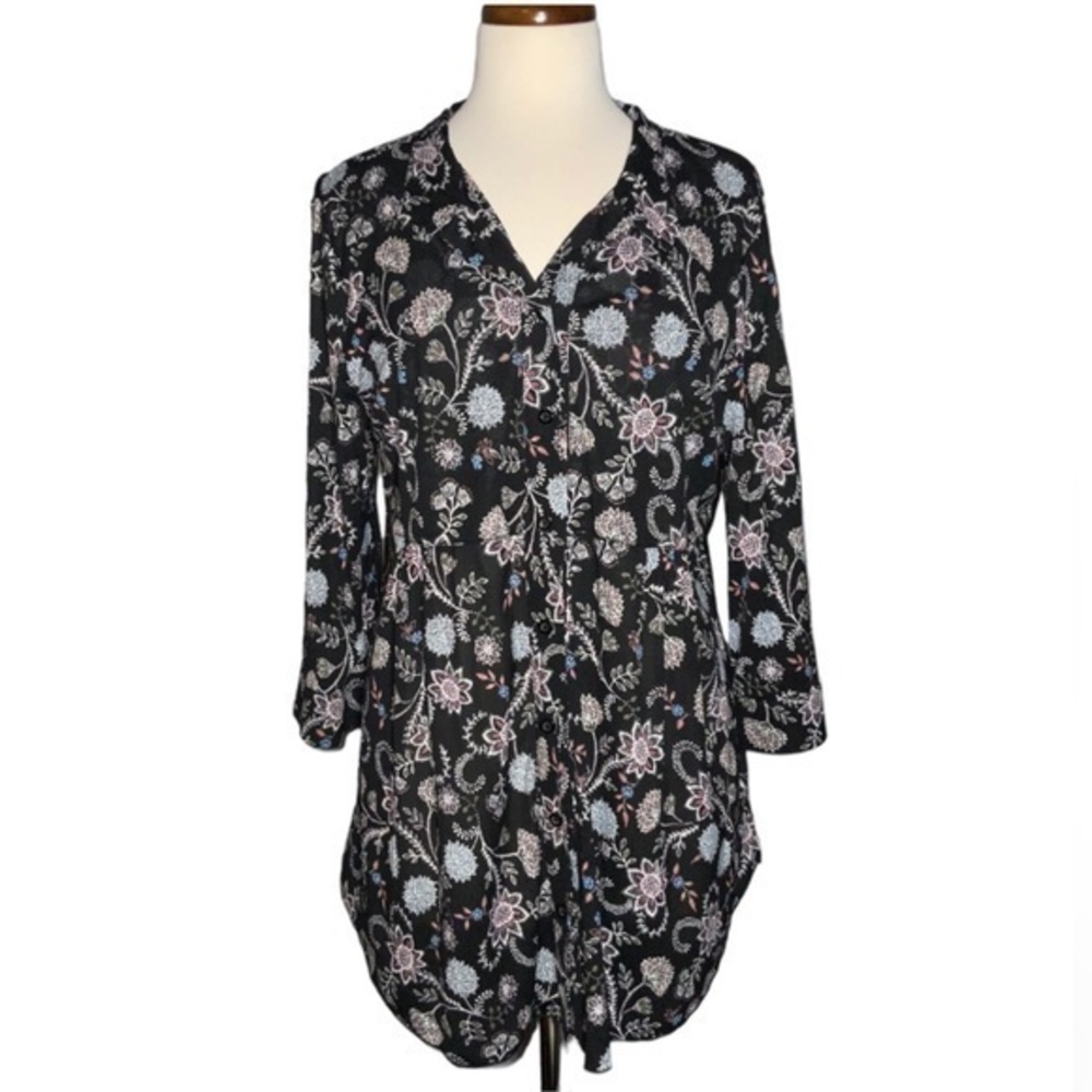 Style & Co Black Multicolor Floral Button Down Tunic Shirt 1/2 Tab Sleeves PXL